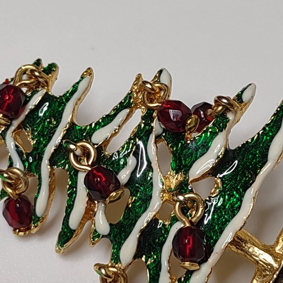Green And Gold Tone Christmas Tree Brooch With Red Dangling Ornaments - Picture 6 of 11